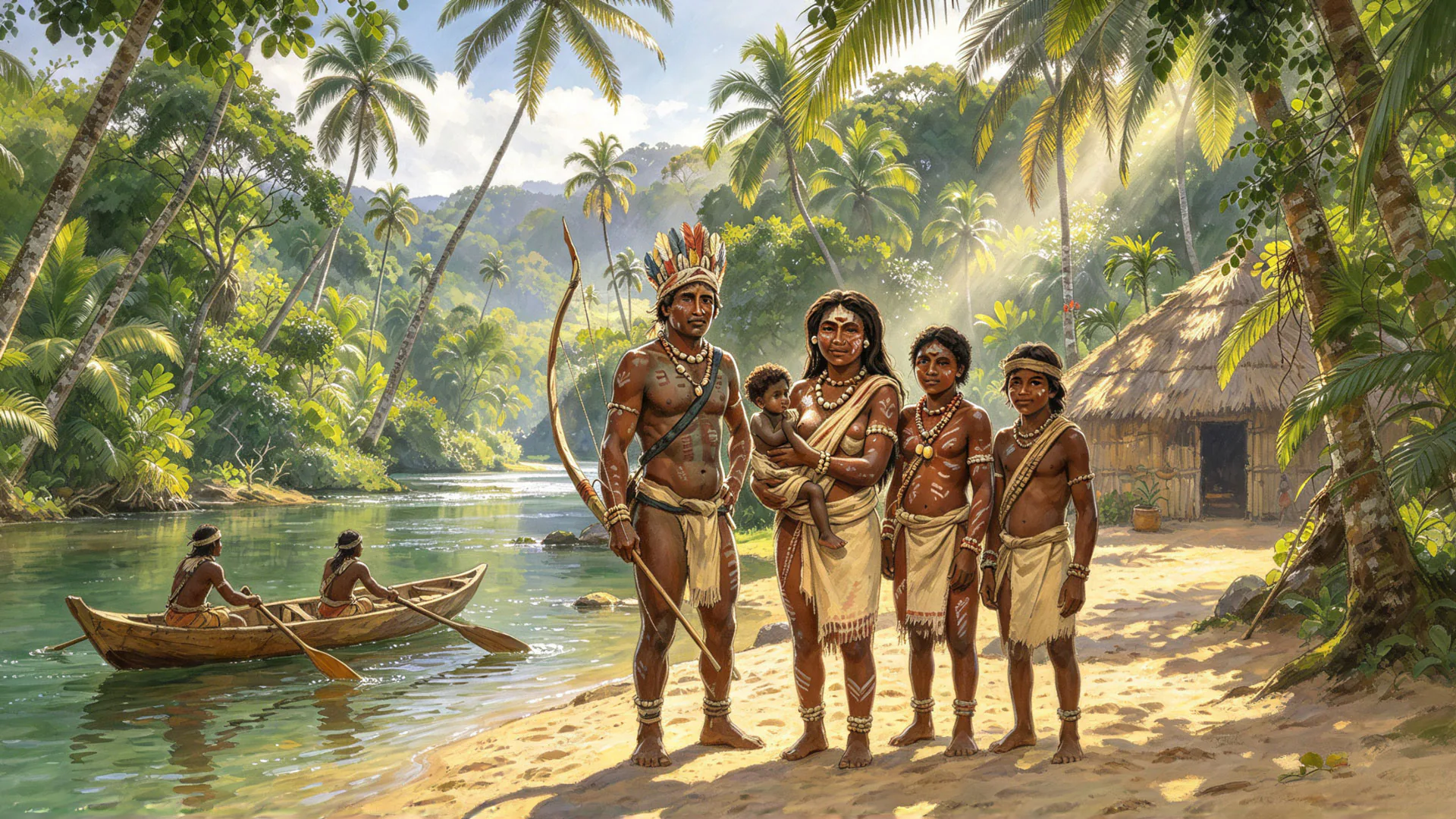 Karibi sa kanuom na obali tropskog ostrva, ilustracija