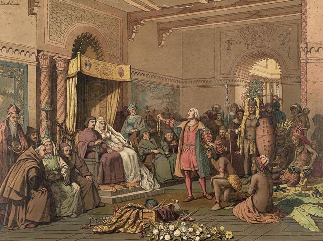 Kolumbo pred Fernandom i Izabelom po povratku sa prvog putovanja, sa starosedeocima i darovima, ilustracija