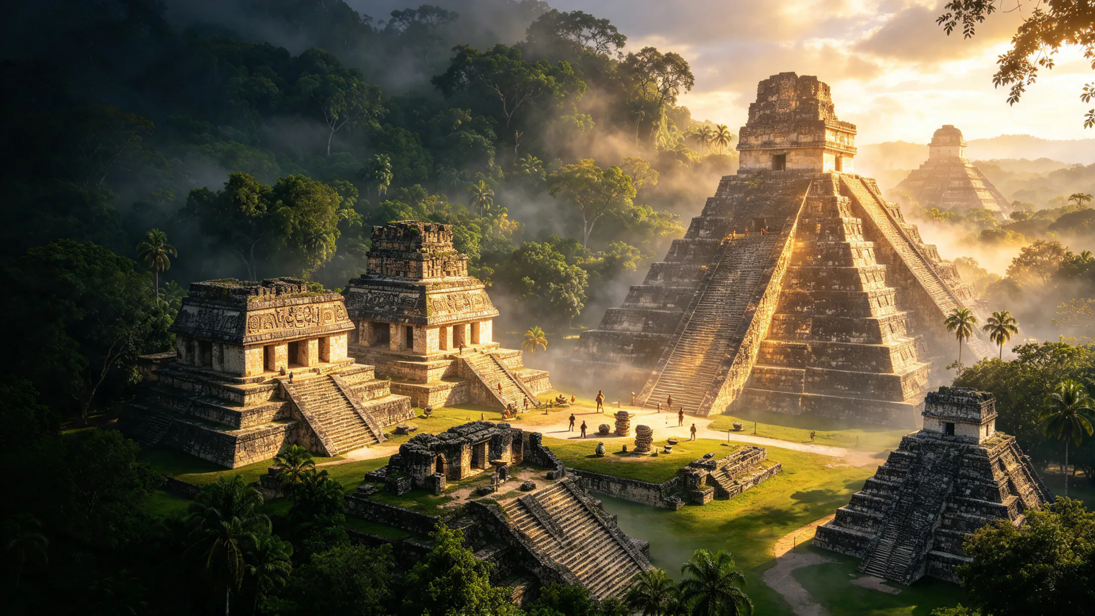 Majanski hramovi i stepenasta piramida u prašumi obavijenoj maglom, ilustracija