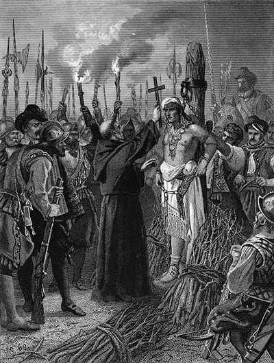 Pogubljenje Atahualpe 1533: car Inka vezan za stub, okružen Špancima, gravura