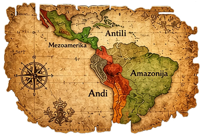 Karta Latinske Amerike sa regionima Mezoamerike, Kariba, Amazonije i Anda
