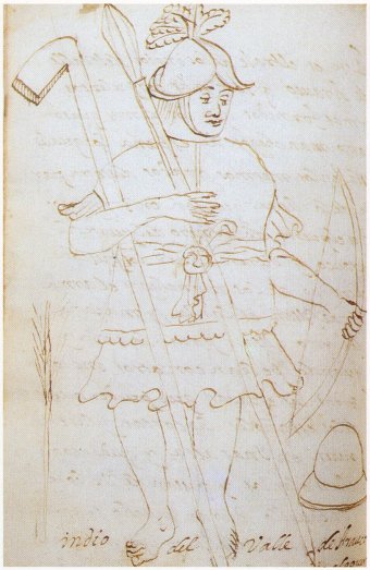 Krieger aus dem Tal von Arauco mit Lanze, Bogen und Helm, Federzeichnung aus einer Handschrift