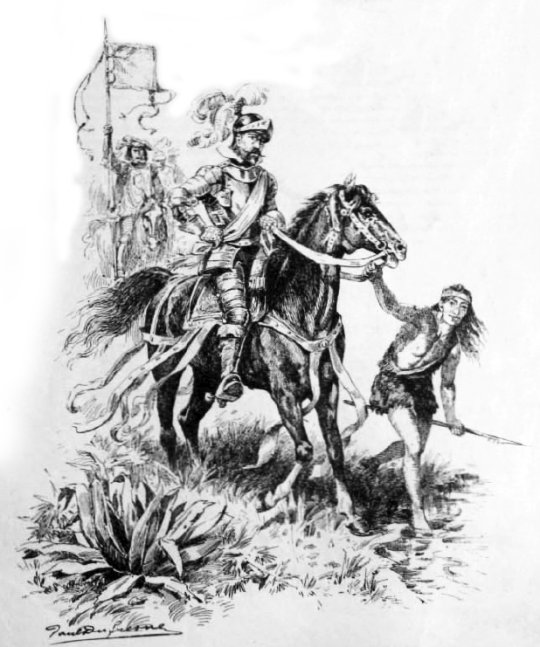 Der junge Lautaro führt ein Pferd, auf dem ein spanischer Konquistador in Rüstung reitet, Zeichnung