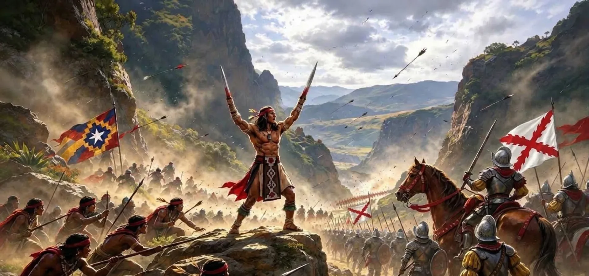 Ein Mapuche-Krieger mit zwei erhobenen Klingen führt seine Leute in die Schlacht gegen die spanischen Konquistadoren, Illustration