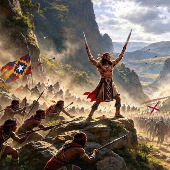 Guerriero mapuche con le lame alzate in battaglia contro gli spagnoli, illustrazione