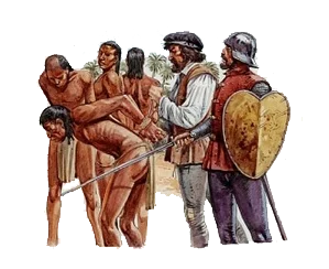 Španski vojnici i zarobljeni starosedeoci, ilustracija