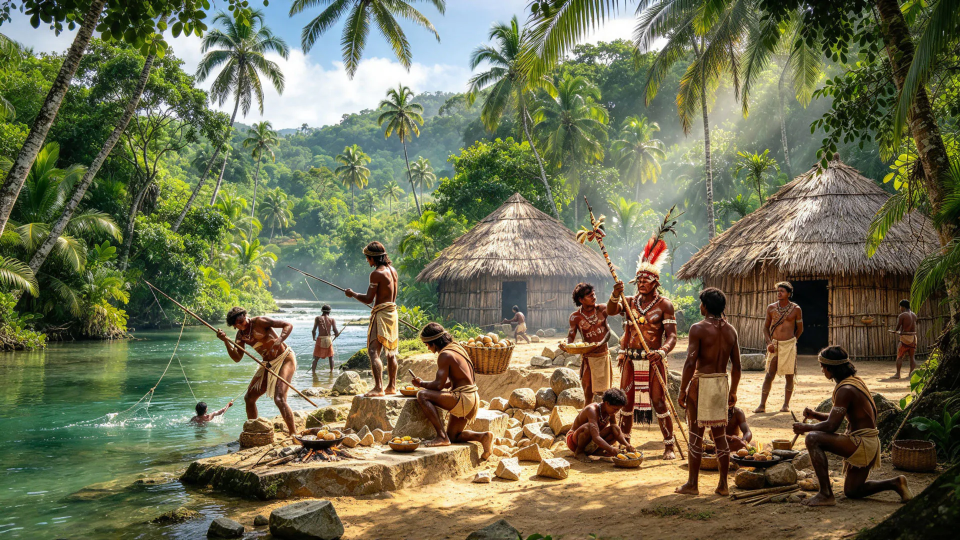 Selo naroda Taino sa kolibama od trske na obali reke, ilustracija