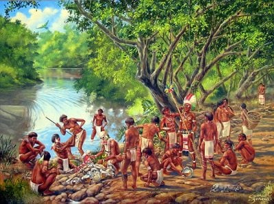 Selo naroda Taino na obali reke, slika