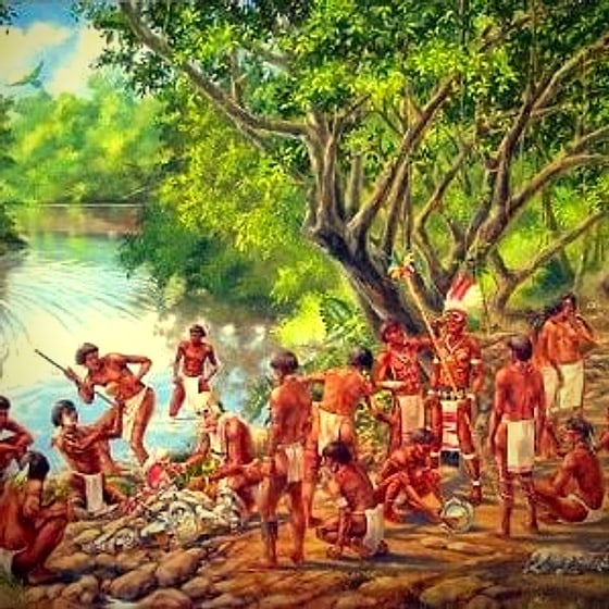 Selo naroda Taino na obali reke, slika