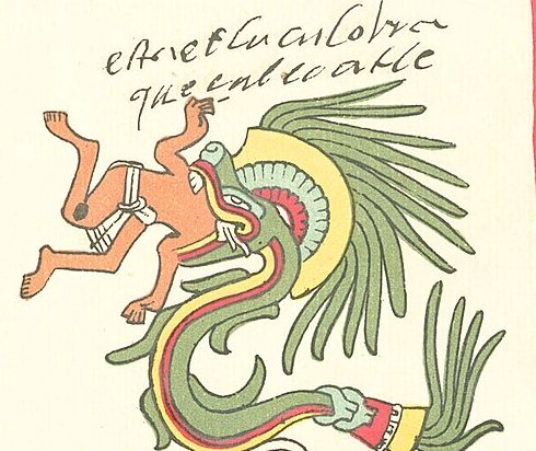 Rắn lông vũ Quetzalcoatl nuốt một người, hình vẽ từ một sách chép tay Aztec
