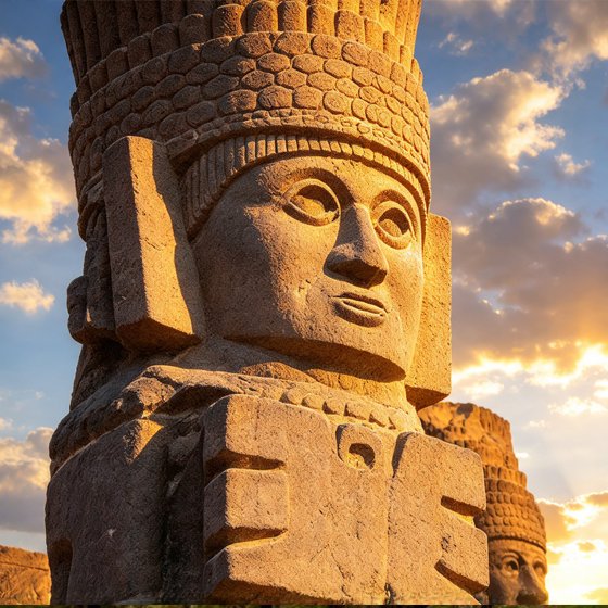 Il volto di un atlante di pietra di Tula nella luce del tramonto, illustrazione