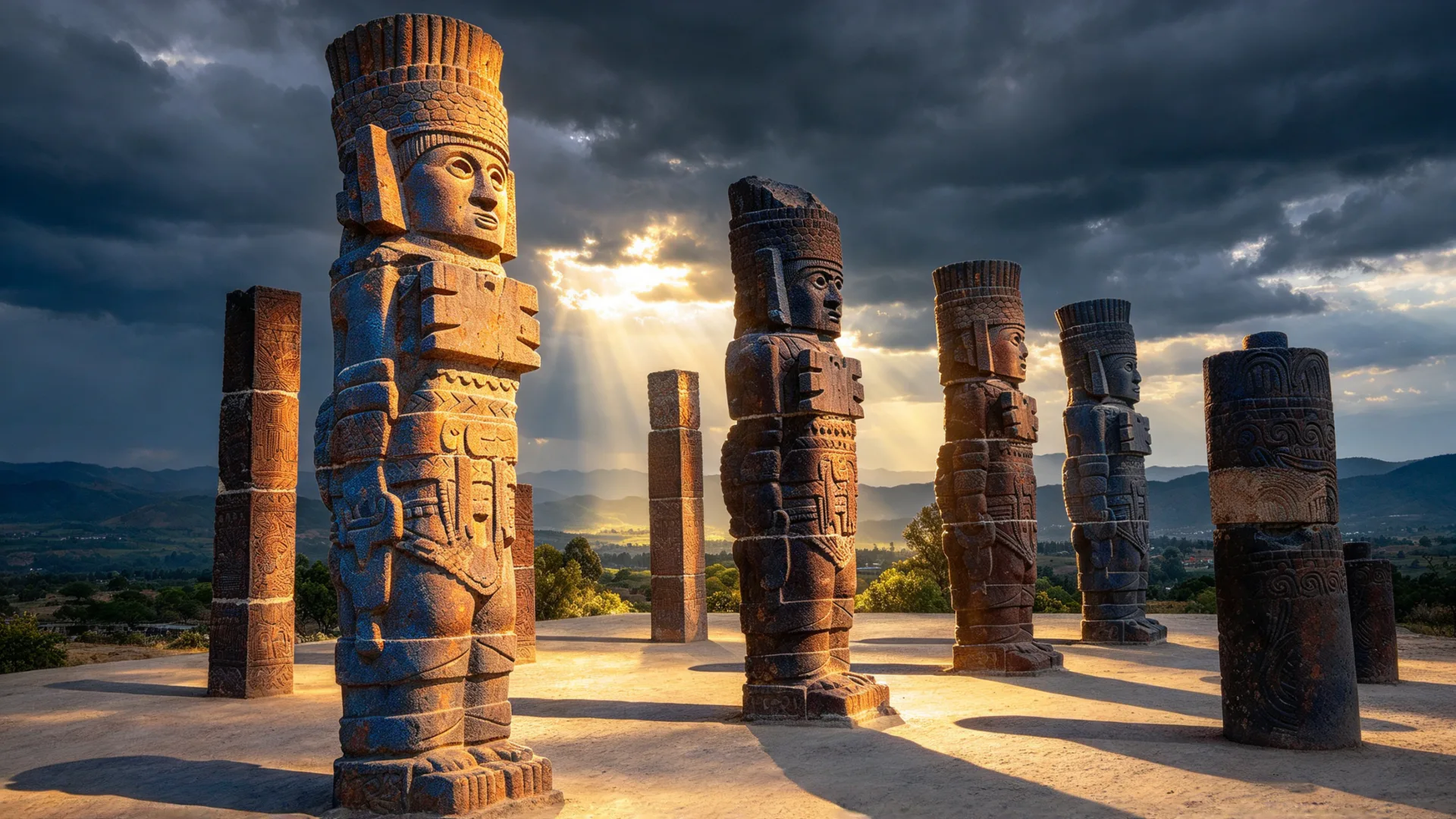 Những tượng Atlante bằng đá, tượng chiến binh Toltec trên đỉnh kim tự tháp ở Tula, dưới bầu trời giông bão, tranh minh họa